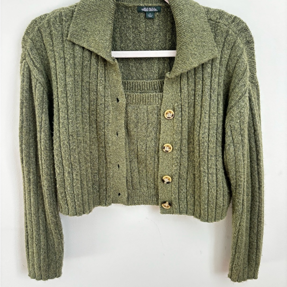 Olive Green Ribbed Women's Sweater two piece set: tank + cardigan